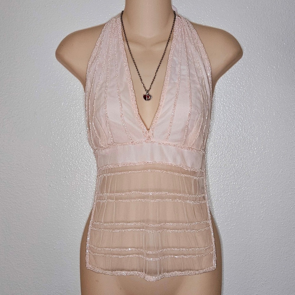 Charlotte Russe Halter Top Pink Sheer Beaded Tie Back Blouse